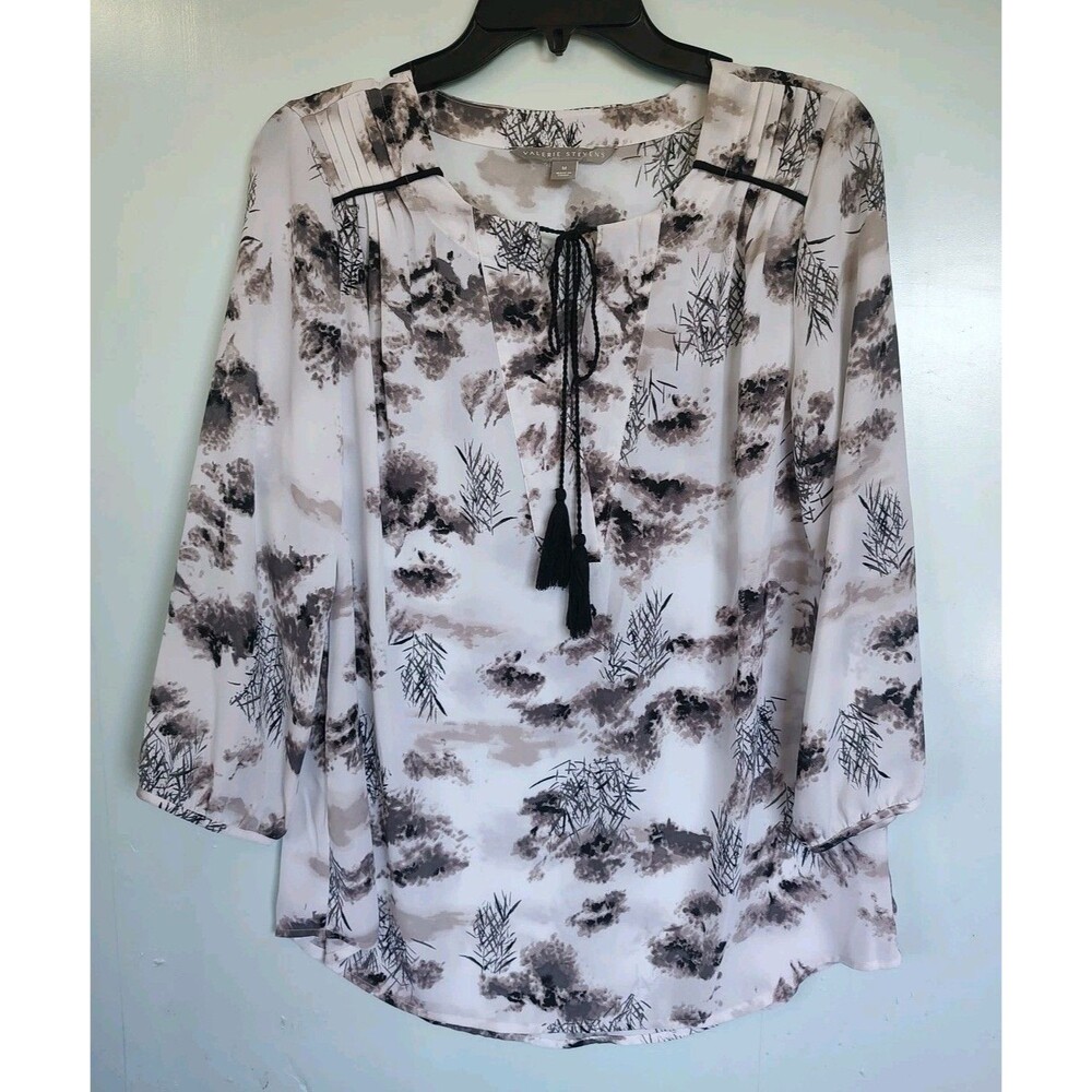 Valerie Stevens Vintage Bohemian Cream Black And Top Print Blouse Pullover